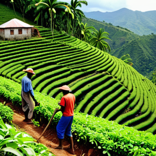 Home 15 **Image Prompt:** A vibrant Haitian coffee plantation on a steep hillside, showcasing traditional farming techniques with lush green coffee plants, farmers tending to the crops, and a view of the tropical landscape.