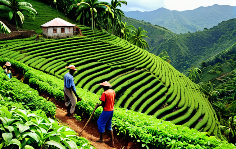 **Image Prompt:** A vibrant Haitian coffee plantation on a steep hillside, showcasing traditional farming techniques with lush green coffee plants, farmers tending to the crops, and a view of the tropical landscape.