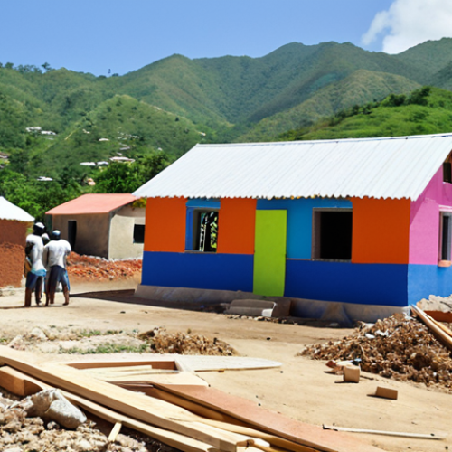 Home 14 **
A diverse group of volunteers working together on a Habitat for Humanity construction project in Haiti. Focus on the collaborative spirit, using bright colors and showing the construction of simple, sturdy housing. In the background, include lush green hills typical of the Haitian landscape.
**