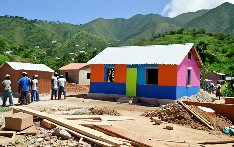 **
A diverse group of volunteers working together on a Habitat for Humanity construction project in Haiti. Focus on the collaborative spirit, using bright colors and showing the construction of simple, sturdy housing. In the background, include lush green hills typical of the Haitian landscape.
**