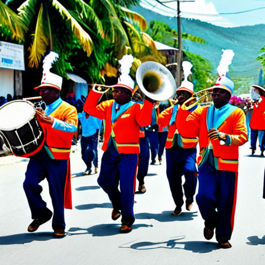 **
"A Rara band parading through the streets of Jacmel, Haiti during Carnival. Musicians are playing vibrant trumpets, drums, and other traditional instruments. People are dancing and celebrating, wearing colorful clothing. Capture the energy and excitement of the Rara festival. Fully clothed, appropriate attire, safe for work, perfect anatomy, natural proportions, professional photography, high quality, family-friendly."
**