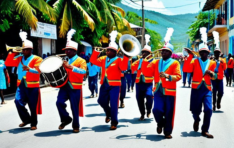 **
"A Rara band parading through the streets of Jacmel, Haiti during Carnival. Musicians are playing vibrant trumpets, drums, and other traditional instruments. People are dancing and celebrating, wearing colorful clothing. Capture the energy and excitement of the Rara festival. Fully clothed, appropriate attire, safe for work, perfect anatomy, natural proportions, professional photography, high quality, family-friendly."
**