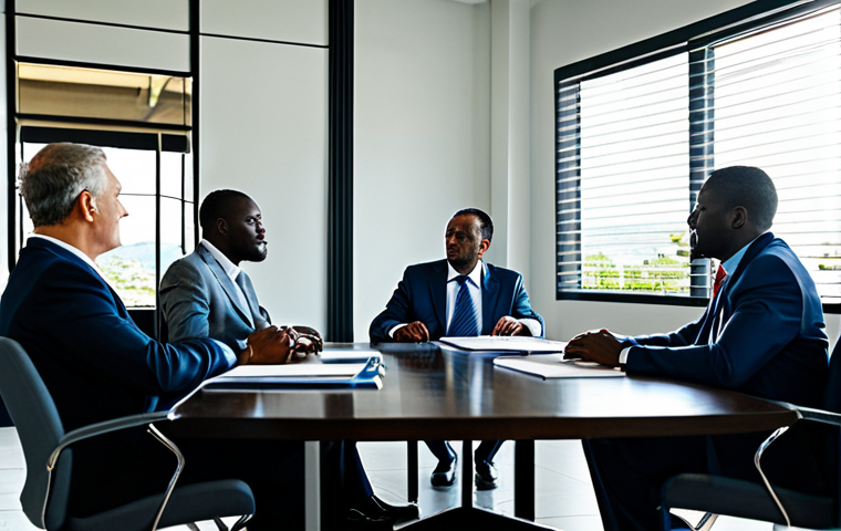 **Business Meeting in Port-au-Prince:** "A diverse group of professionals in modest business attire meeting in a modern office in Port-au-Prince, Haiti. Sunlight streaming through the window. Fully clothed, appropriate content, safe for work, professional, perfect anatomy, natural proportions, high quality."