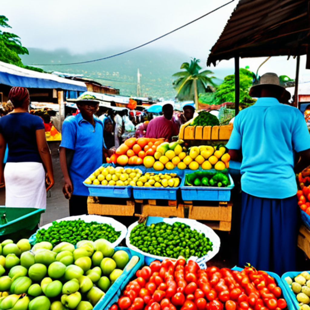 아이티의 대표적인 음식과 전통 요리 - Vibrant Market Scene**

"A bustling Haitian marketplace filled with vendors selling fresh produce, i...