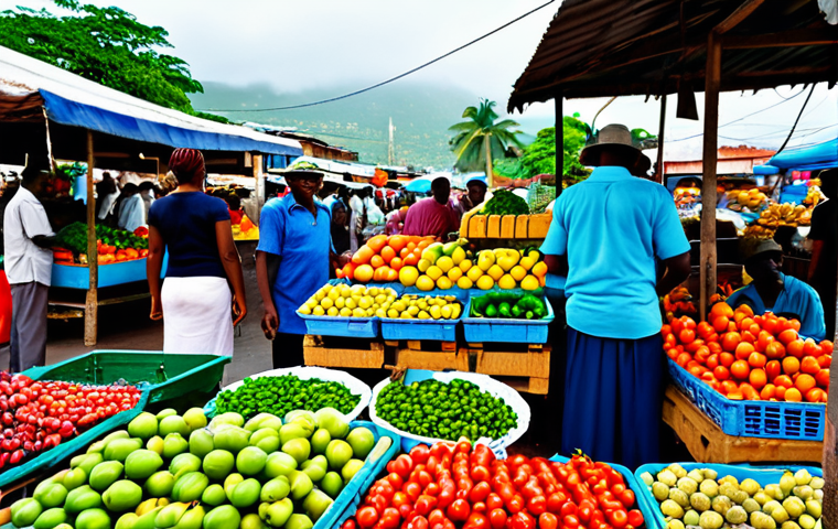 아이티의 대표적인 음식과 전통 요리 - Vibrant Market Scene**
"A bustling Haitian marketplace filled with vendors selling fresh produce, i...