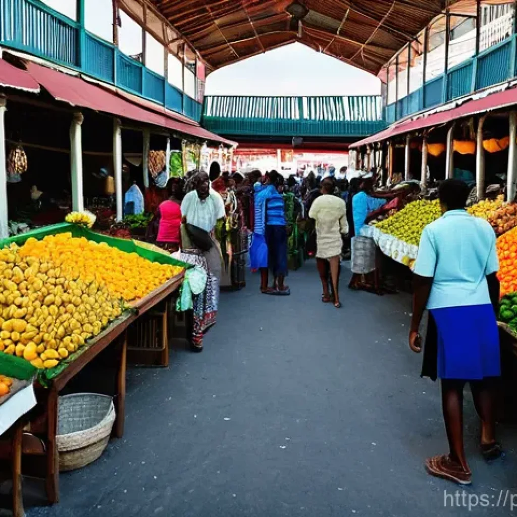 아이티 수도 포르토프랭스 여행 가이드 - **Vibrant Marché de Fer (Iron Market) Bustle:** A wide shot capturing the bustling interior of Port-...