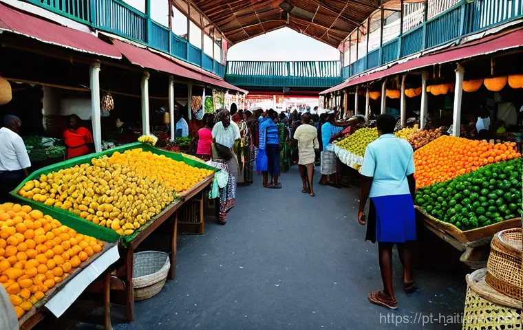 아이티 수도 포르토프랭스 여행 가이드 - **Vibrant Marché de Fer (Iron Market) Bustle:** A wide shot capturing the bustling interior of Port-...