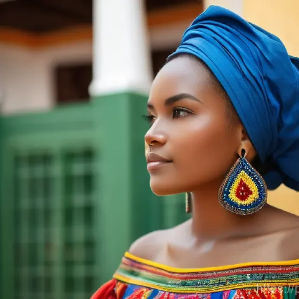 아이티 전통 의상과 패션 스타일 - Vibrant Traditional Karabela Dress**

A confident Haitian woman, captured in a mid-shot, gracefully ...