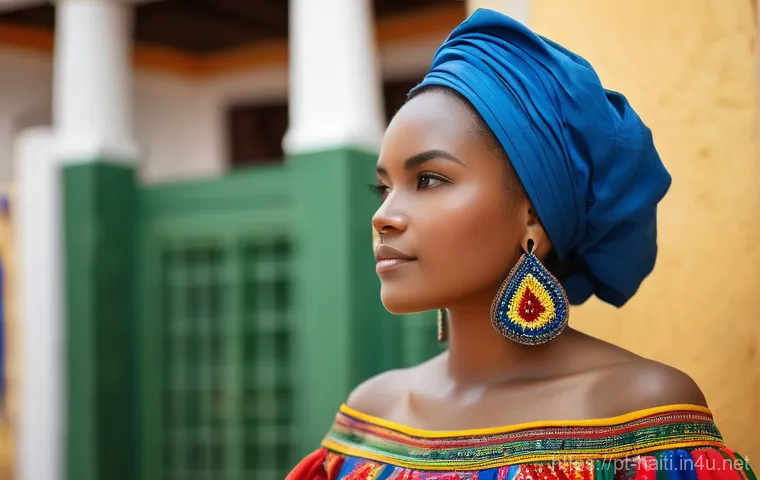 아이티 전통 의상과 패션 스타일 - Vibrant Traditional Karabela Dress**

A confident Haitian woman, captured in a mid-shot, gracefully ...