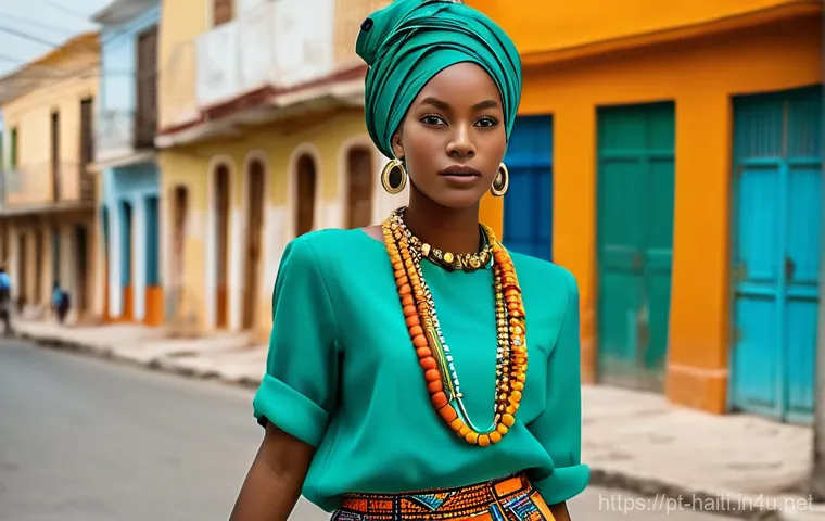 아이티 전통 의상과 패션 스타일 - Vibrant Traditional Karabela Dress**

A confident Haitian woman, captured in a mid-shot, gracefully ...