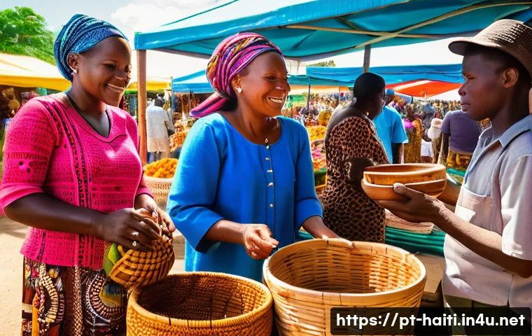 아이티에서 즐기는 로컬 마켓 쇼핑 가이드 - A vibrant Haitian outdoor market scene during daytime, bustling with local artisans displaying handc...