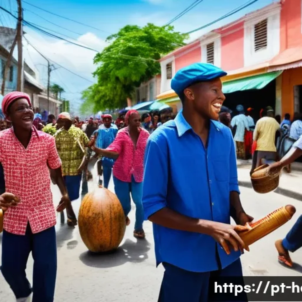 아이티에서 문화 충격을 받을 수 있는 요소들 - A vibrant street scene in Port-au-Prince, Haiti, showcasing a lively community celebration with peop...