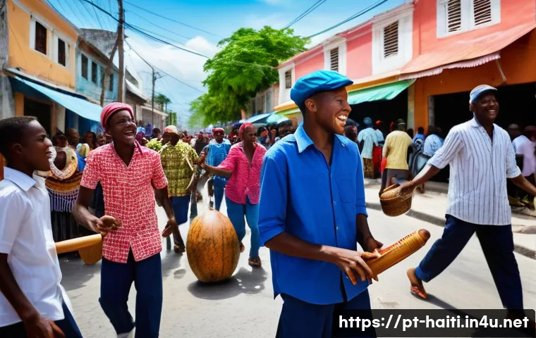 아이티에서 문화 충격을 받을 수 있는 요소들 - A vibrant street scene in Port-au-Prince, Haiti, showcasing a lively community celebration with peop...