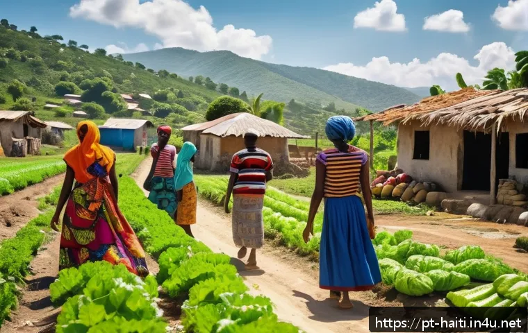 아이티 주요 뉴스와 사회 이슈 - A vibrant rural Haitian community scene showcasing local agricultural subsistence farming, with men ...