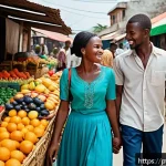 Home 20 아이티에서 연애와 결혼 문화 - A vibrant street scene in Haiti showing a young couple walking hand in hand through a bustling local...