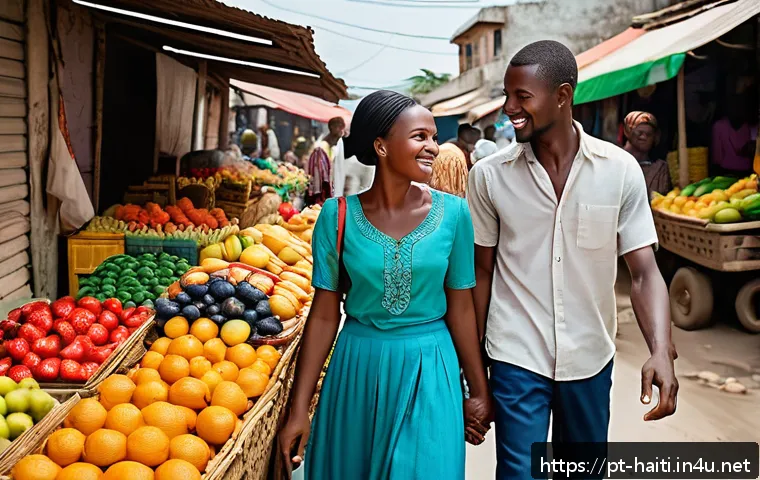 아이티에서 연애와 결혼 문화 - A vibrant street scene in Haiti showing a young couple walking hand in hand through a bustling local...