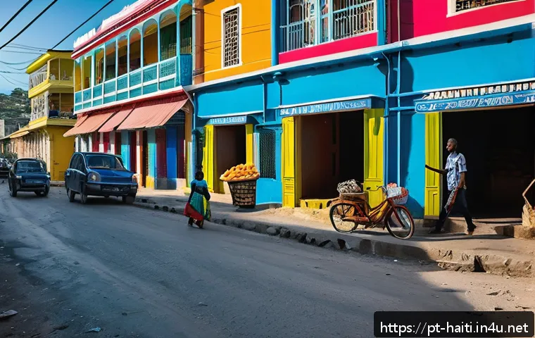 아이티에서 살기 위한 주거 옵션과 가격 비교 - A vibrant urban street scene in Port-au-Prince, Haiti, showcasing a diverse range of compact apartme...