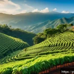 Home 18 아이티에서 유명한 커피 브랜드와 커피 문화 - A vibrant Haitian coffee plantation scene at sunrise, showcasing lush coffee trees on mountainous te...