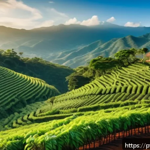 Home 30 아이티에서 유명한 커피 브랜드와 커피 문화 - A vibrant Haitian coffee plantation scene at sunrise, showcasing lush coffee trees on mountainous te...