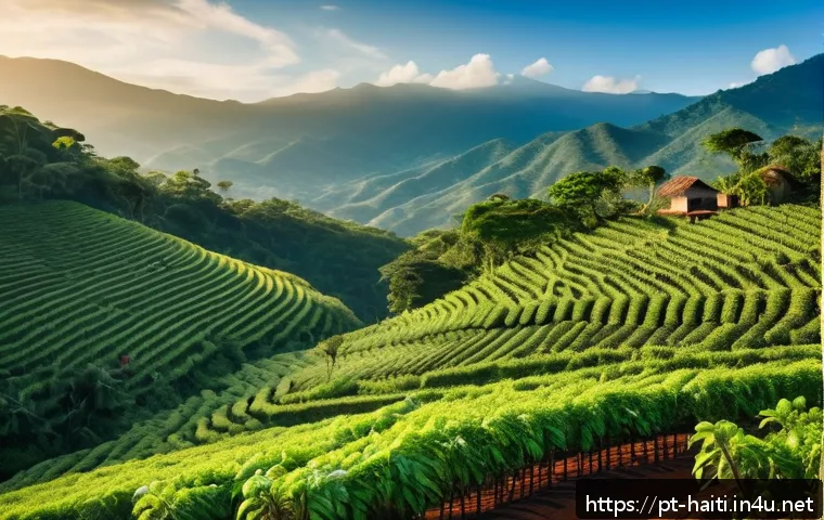 아이티에서 유명한 커피 브랜드와 커피 문화 - A vibrant Haitian coffee plantation scene at sunrise, showcasing lush coffee trees on mountainous te...