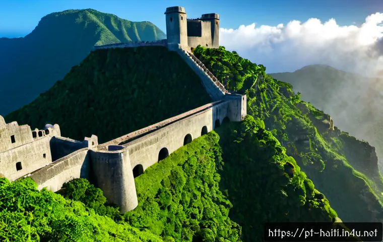 Home 31 아이티와 유네스코 세계문화유산 목록 - Photorealistic wide-angle view of the Citadelle Laferrière in Haiti, massive stone fortress crowning...
