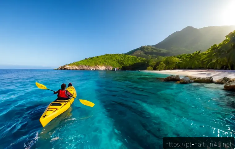 아이티에서 즐길 수 있는 해양 스포츠 - Photorealistic wide-angle scene of two adult travelers sea kayaking along Haiti’s turquoise Caribbea...