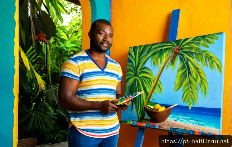 Home 17 아이티 출신의 세계적인 예술가 및 작가 - Photorealistic portrait of a celebrated Haitian visual artist in a sunlit Port-au-Prince studio, sta...